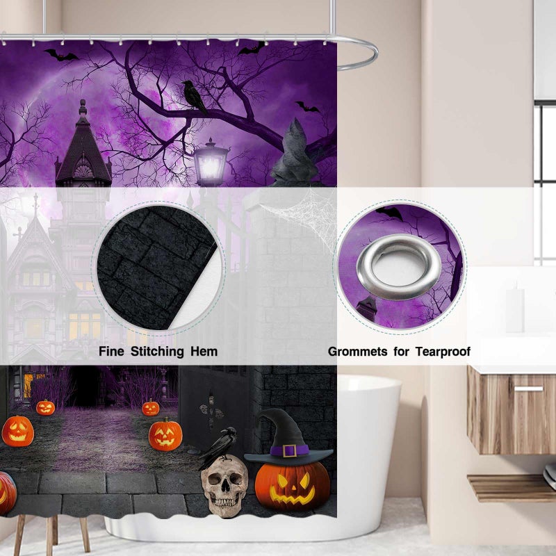Allenjoy 72"" x 72"" Purple Halloween Shower Curtain for Bathroom Set Scary Night Moon Gothic Haunted House Pumpkin Courtyard Door Home Bath Bathtub Decor Durable Fabric Machine Washable - Image 3