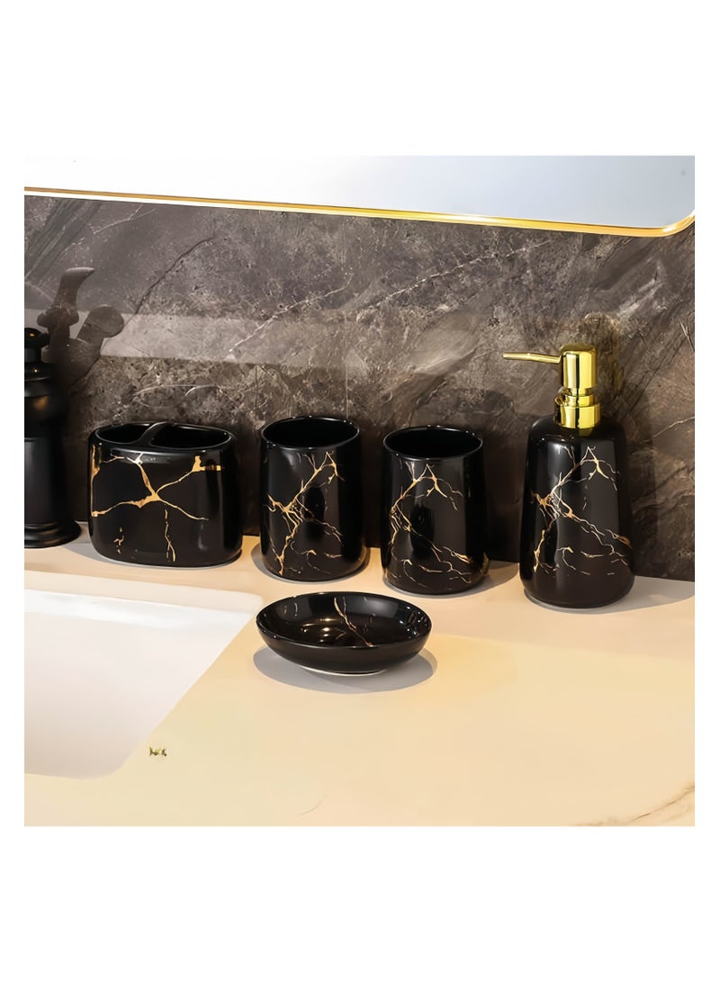 JiFENG 5 قطع مجموعة إكسسوارات الحمام، عبوة صابون سيراميك للحمام، صحن صابون، حامل فرشاة الأسنان وكأسان لفرش الأسنان، ديكور عصري لحوض الحمام مع إطار ذهبي (أسود)  - Image 1