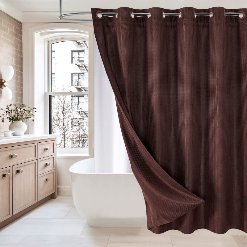 MitoVilla No Hooks Required Extra Long Shower Curtain Set with Snap-in Liner  86 inch XL Brown Waffle Heavyweight Fabric Cloth Shower Curtains for Modern Luxury Hotel & Spa Bathroom Decor - Image 1
