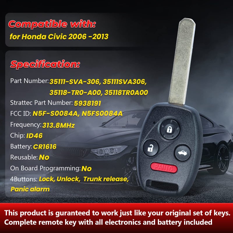 Aichiyu Key Fob Replacement for Honda Civic 2006 2007 2008 2009 2010 2011 2012 2013 N5F-S0084A Keyless Entry Remote Control Car Key 4 Buttons 313.8Mhz ID46 Chip 35111-SVA-306 - Image 3