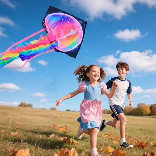 YFAFENGS Jellyfish Kite for Kids & Adults - Durable Beach Kites Easy to Fly with String Reel, Beginner-Friendly Outdoor Kites for Ages 4-8, Colorful Family Fun for Park, Beach & Backyard - Image 4