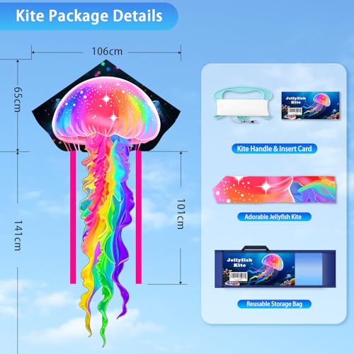 YFAFENGS Jellyfish Kite for Kids & Adults - Durable Beach Kites Easy to Fly with String Reel, Beginner-Friendly Outdoor Kites for Ages 4-8, Colorful Family Fun for Park, Beach & Backyard - Image 2