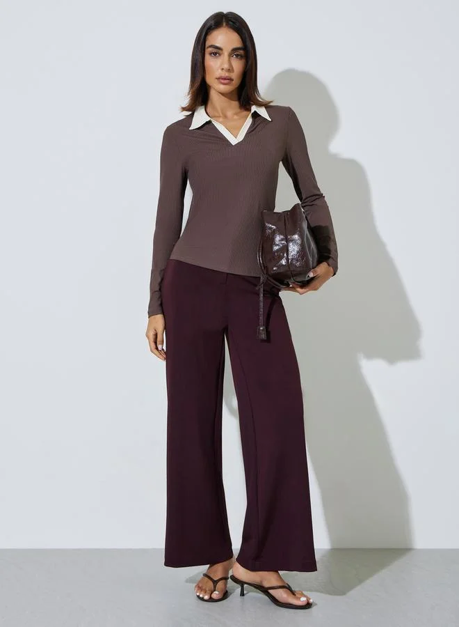 ستايلي Brown Contrast Collar Long Sleeves Ribbed Top