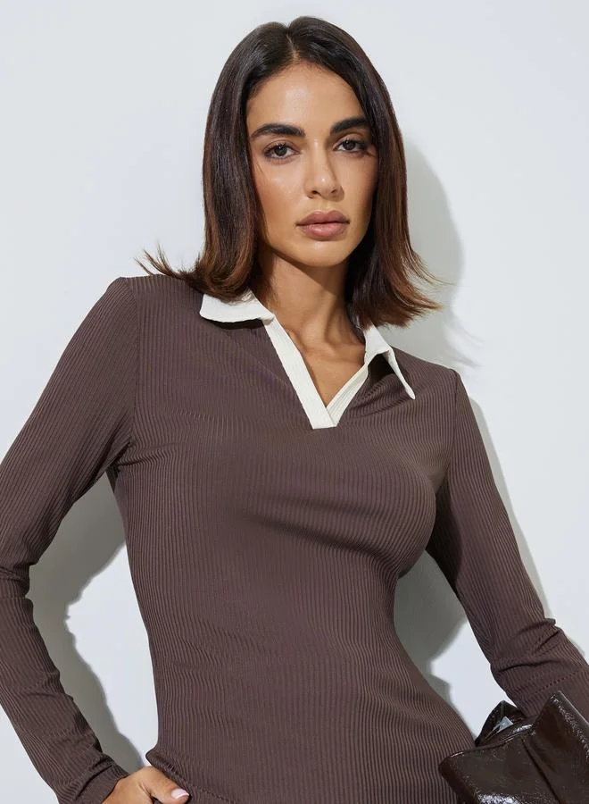 ستايلي Brown Contrast Collar Long Sleeves Ribbed Top