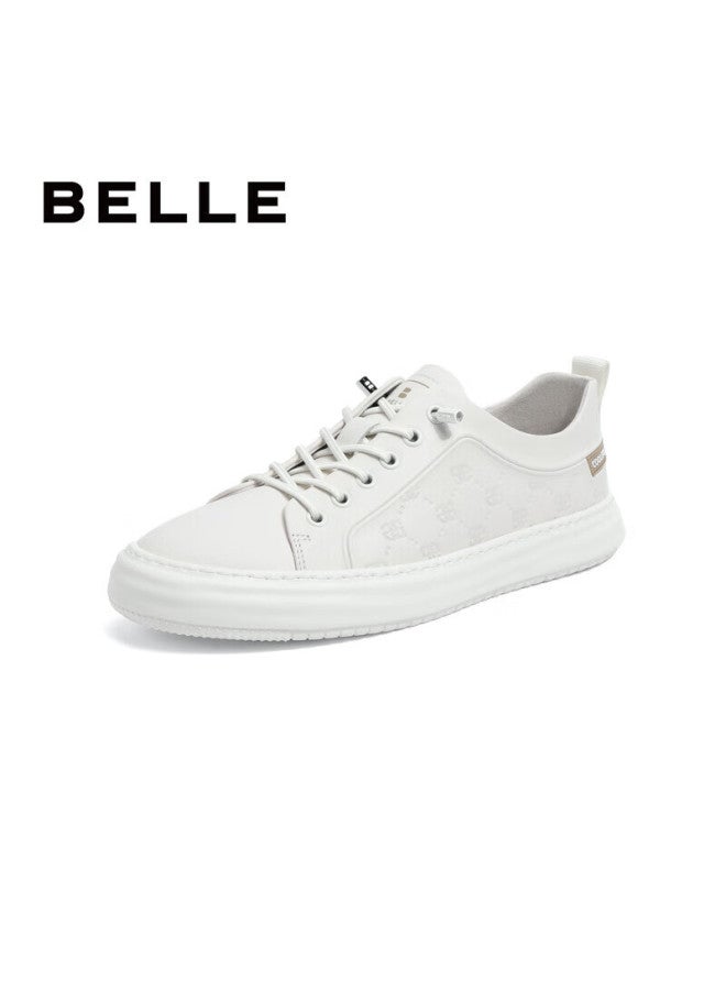 بيلي Belle Embossed White Shoes Men أحذية بيضاء مطبوعة للرجال صيف جلد بقري شباب مريح سميك القاعدة A1128bm3 أبيض المقاس 40 - Image 1
