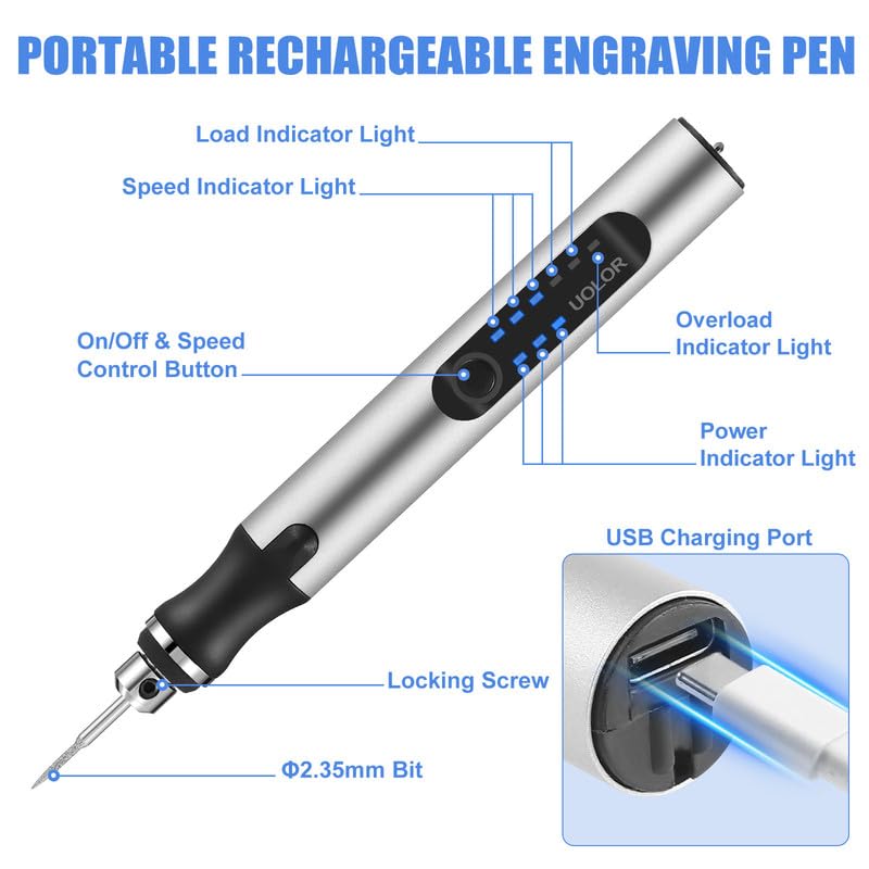 Uolor USB Rechargable Engraving Pen with 42 Bits, Mini Electric DIY Engraver Cordless Rotary Tools Portable Engraving Tool for Jewelry Wood Metal Stone Plastic Glass Etching - Image 2