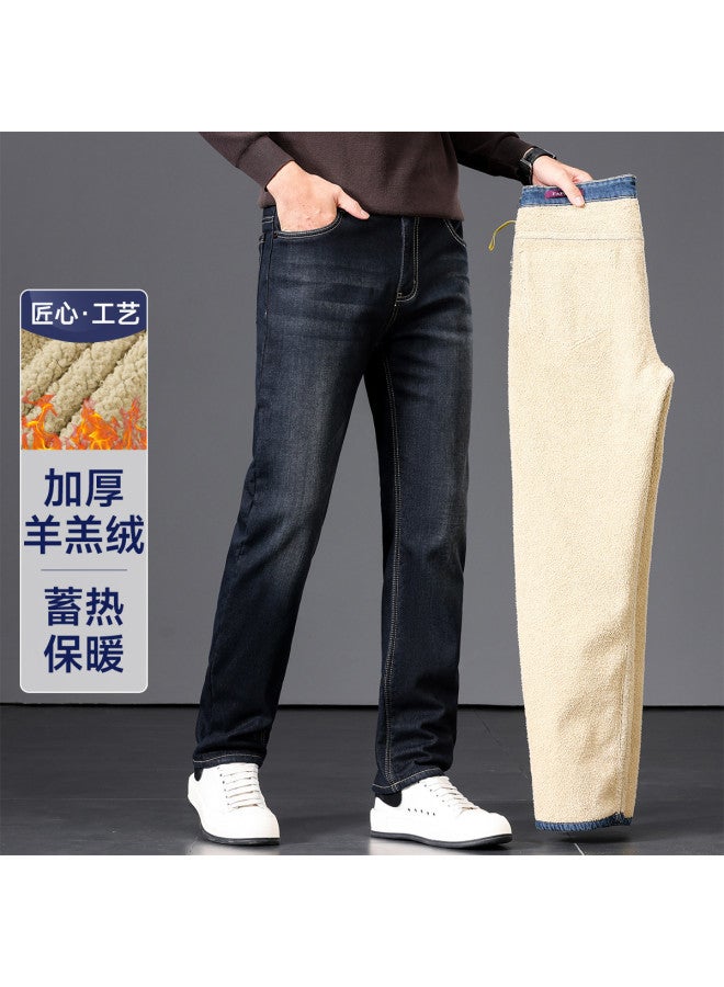 Fapai Winter Fleece Lined Jeans Warm Straight Leg Loose Stretch Pants - Image 2