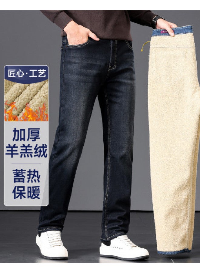 Fapai Winter Fleece Lined Jeans Warm Straight Leg Loose Stretch Pants - Image 1