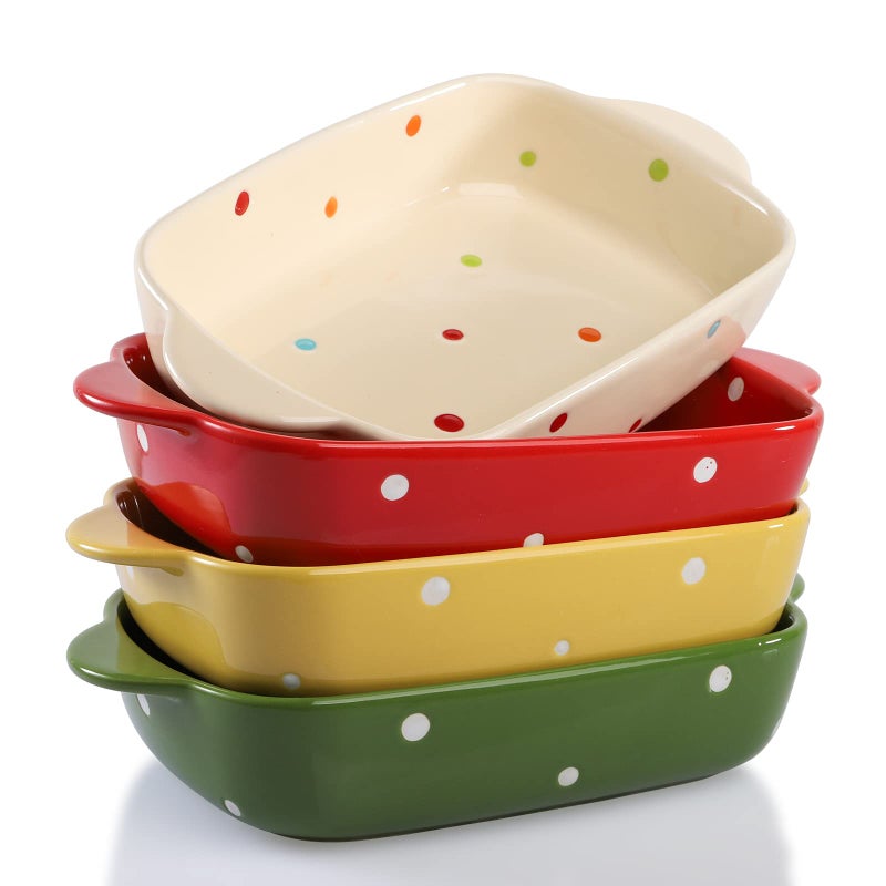 AVLA Set of 4 Ceramic Small Casserole Dishes, 7"x5" Porcelain Roasting Lasagna Pan, Individual Casserole Dishes Bakeware with Handle Rectangular Dish, Ceramic Baking Dish for Oven, 20 Oz, Polka Dot, Assorted Color - Image 1