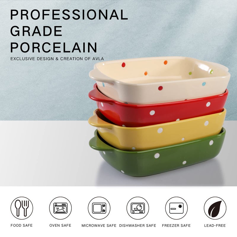 AVLA Set of 4 Ceramic Small Casserole Dishes, 7"x5" Porcelain Roasting Lasagna Pan, Individual Casserole Dishes Bakeware with Handle Rectangular Dish, Ceramic Baking Dish for Oven, 20 Oz, Polka Dot, Assorted Color - Image 3