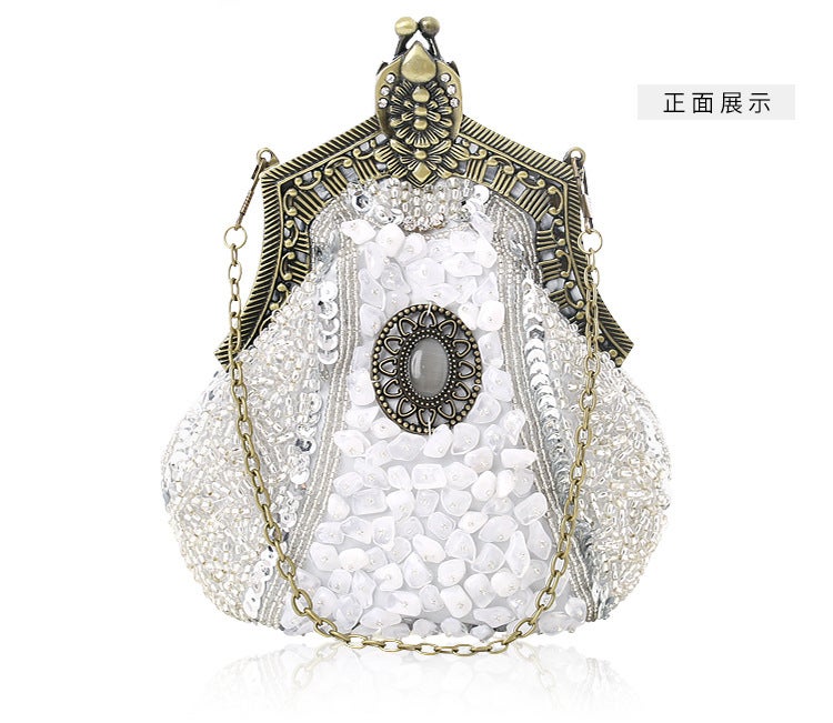 Vintage Beaded Banquet Clutch Elegant Cheongsam Purse Silver