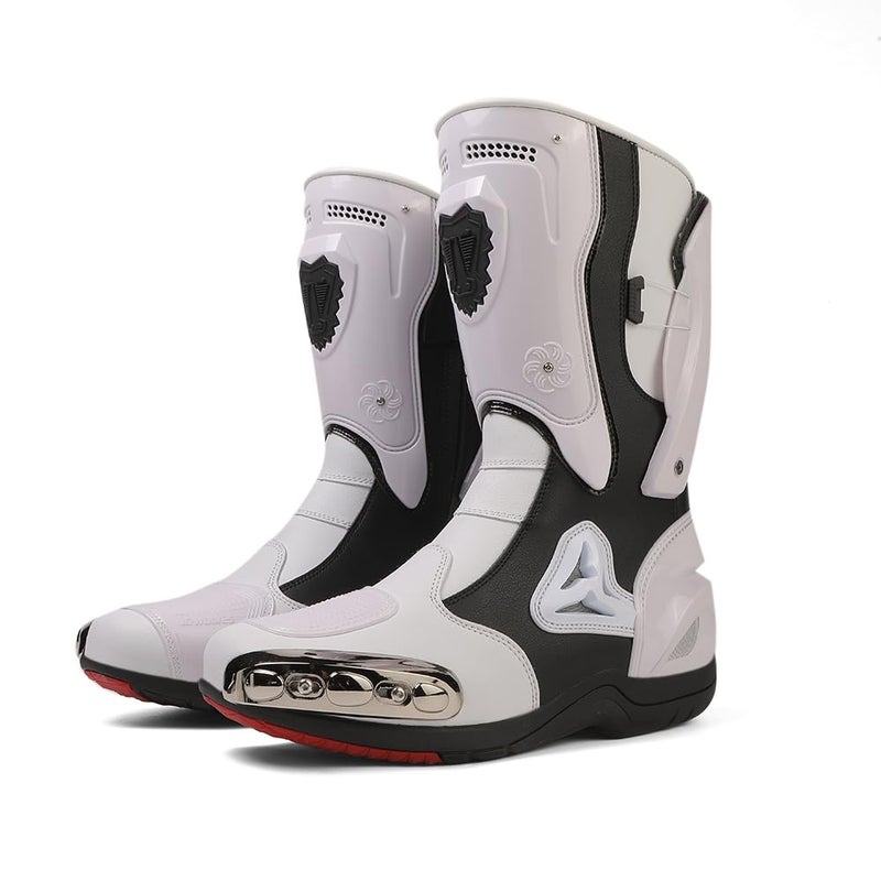 Zeozoom Motorcycle Riding Boots Motorcycle Leather Boots for Women and Men Protection Anti Slip Racing Sports (White, Adult, Men, 9.5, Numeric, US Footwear Size System, Medium) - Image 4
