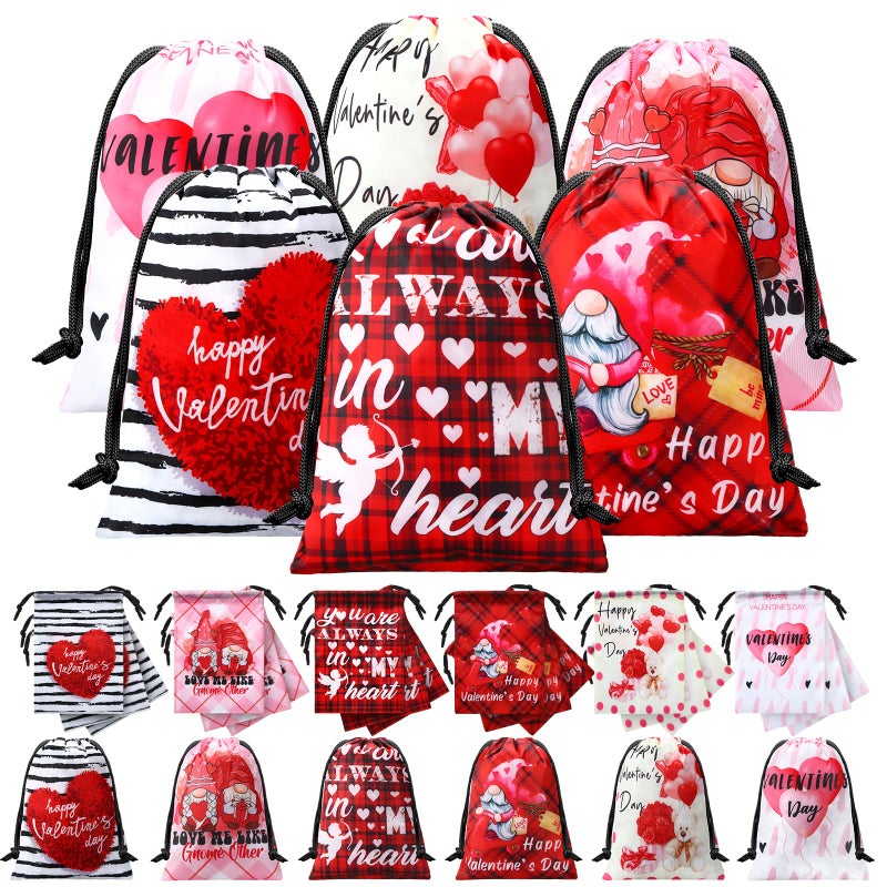 Berlune 24 Pcs Valentine's Day Drawstring Bags Bulk Reusable Pink Red Heart Gnome Balloon Gift Bags 7 x 10 Inch Goodie Candy Treat Snack Bag for Kids Boys Girls Party Favors Wrapping - Image 1