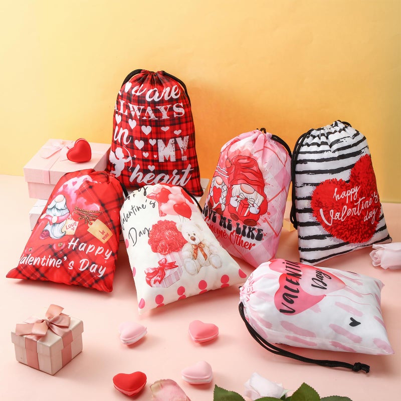 Berlune 24 Pcs Valentine's Day Drawstring Bags Bulk Reusable Pink Red Heart Gnome Balloon Gift Bags 7 x 10 Inch Goodie Candy Treat Snack Bag for Kids Boys Girls Party Favors Wrapping - Image 3