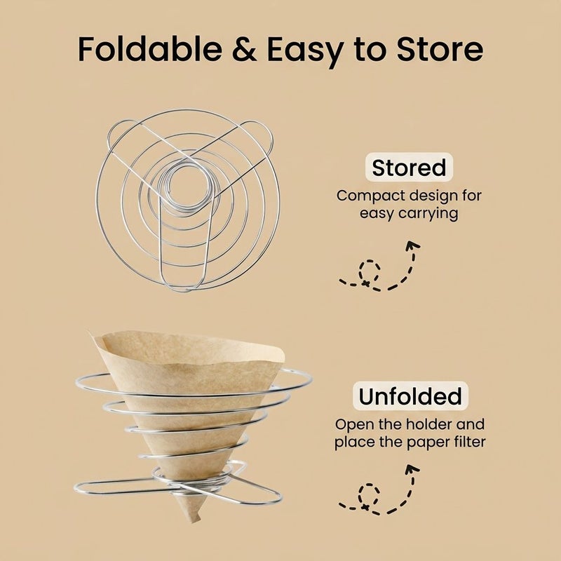 50 Pieces V02 Cone Coffee Paper Filters With 1 Stainless Steel Foldable Holder Included Portable Design For Home Office Travel And Daily Pour Over Coffee - Image 2