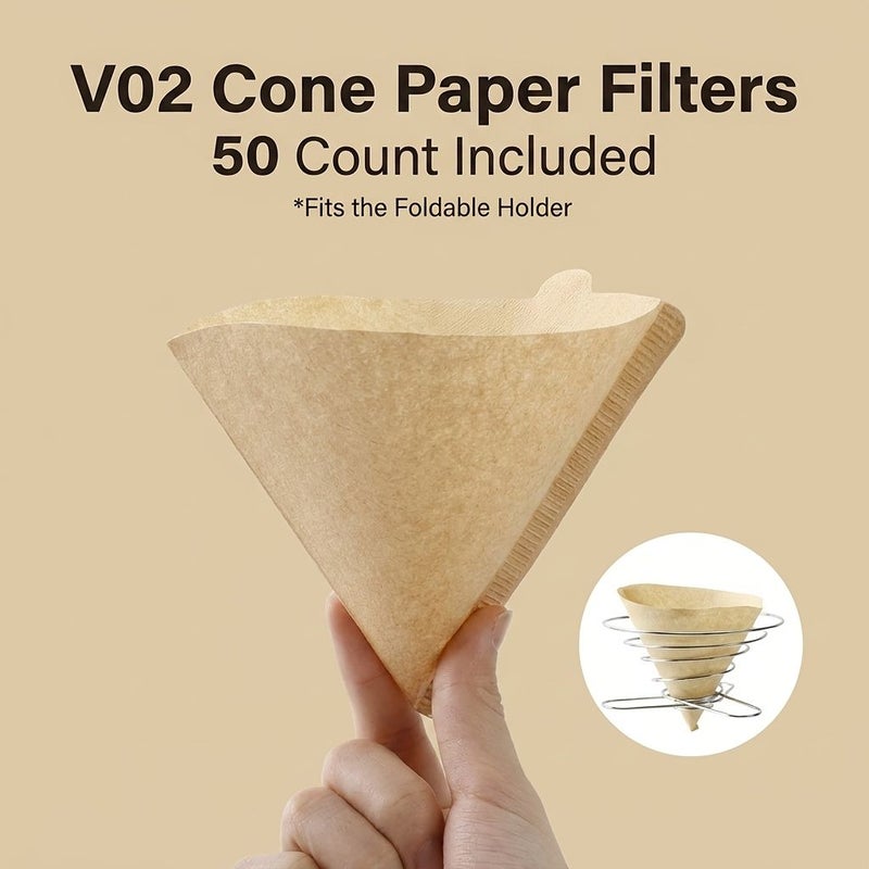 50 Pieces V02 Cone Coffee Paper Filters With 1 Stainless Steel Foldable Holder Included Portable Design For Home Office Travel And Daily Pour Over Coffee - Image 4
