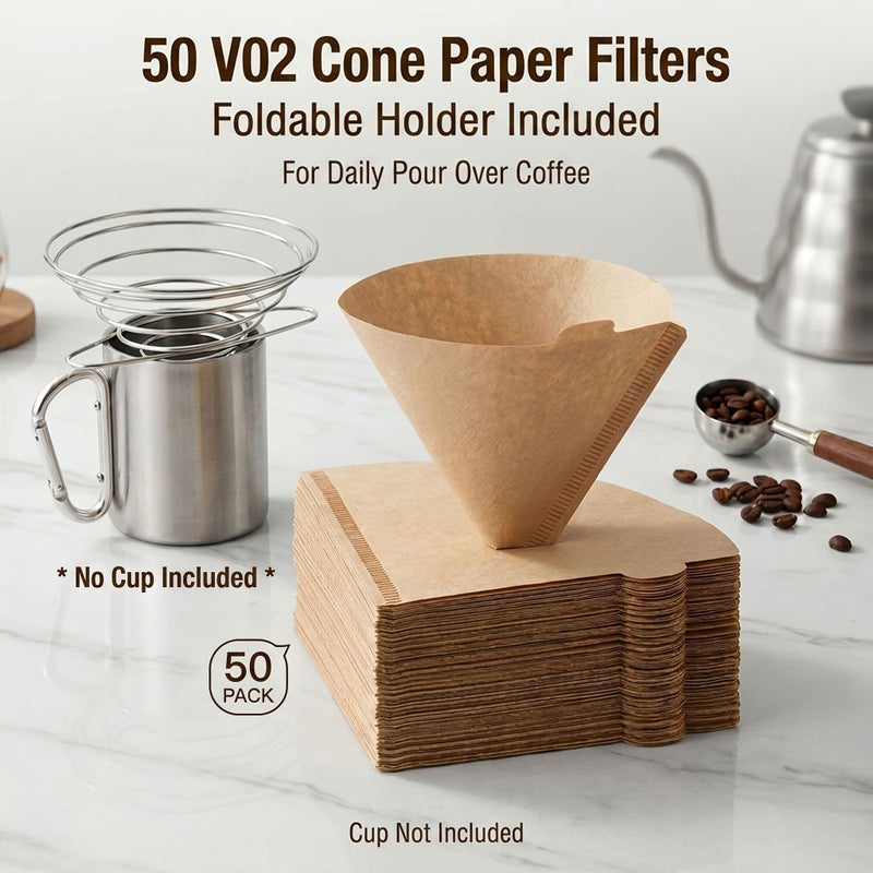 50 Pieces V02 Cone Coffee Paper Filters With 1 Stainless Steel Foldable Holder Included Portable Design For Home Office Travel And Daily Pour Over Coffee - Image 1