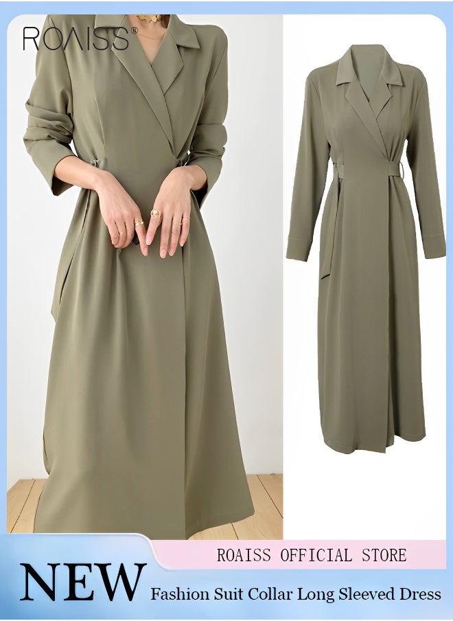 roaiss - Women's Fashion Suit Dress Temperament Polo Neck Long Sleeve Waist Tight Dress Minimalist High Waisted A-Line Dress for Ladies Elegant Temperament Casual Outfit - Image 1