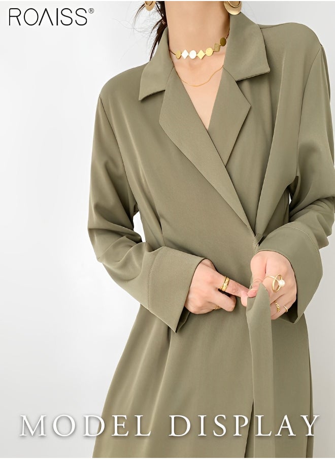 roaiss - Women's Fashion Suit Dress Temperament Polo Neck Long Sleeve Waist Tight Dress Minimalist High Waisted A-Line Dress for Ladies Elegant Temperament Casual Outfit - Image 1