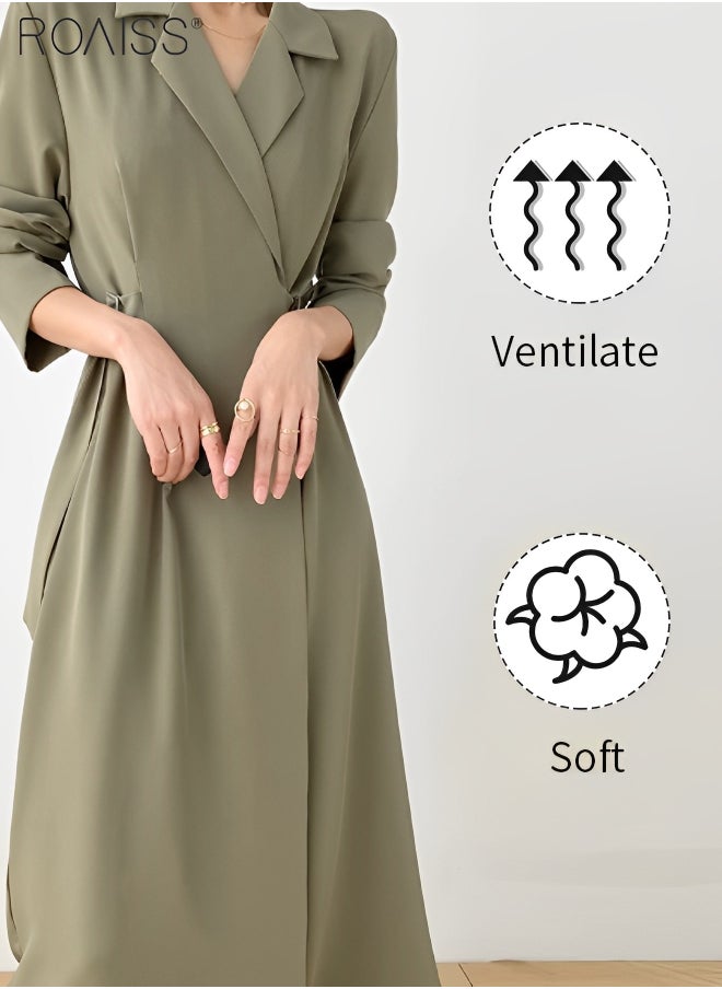 roaiss - Women's Fashion Suit Dress Temperament Polo Neck Long Sleeve Waist Tight Dress Minimalist High Waisted A-Line Dress for Ladies Elegant Temperament Casual Outfit - Image 1