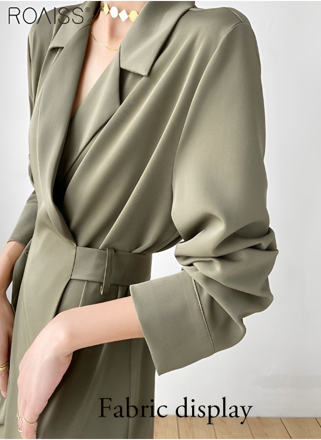 roaiss - Women's Fashion Suit Dress Temperament Polo Neck Long Sleeve Waist Tight Dress Minimalist High Waisted A-Line Dress for Ladies Elegant Temperament Casual Outfit - Image 1