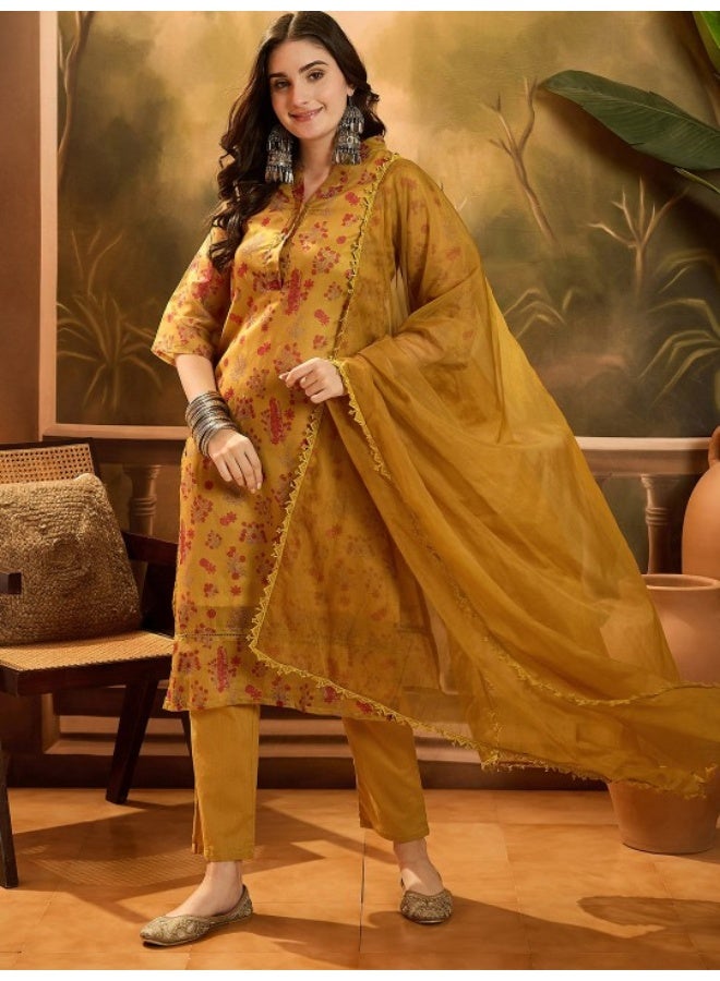 AKS Mustard Chanderi Kurta Set With Organza Dupatta  - Image 4