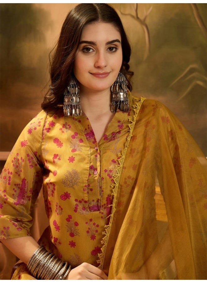 AKS Mustard Chanderi Kurta Set With Organza Dupatta  - Image 2