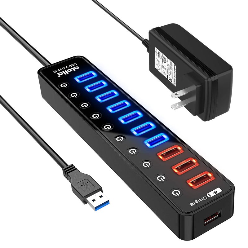 atolla Powered USB 3.0 Hub, Atolla USB 3.0 Data Hub 11 Ports - 7 USB 3.0 Data Ports + 4 Smart Charging Port with Individual On/Off Switches and 12V/4A Power Adapter USB Hub 3.0 Splitter - Image 1