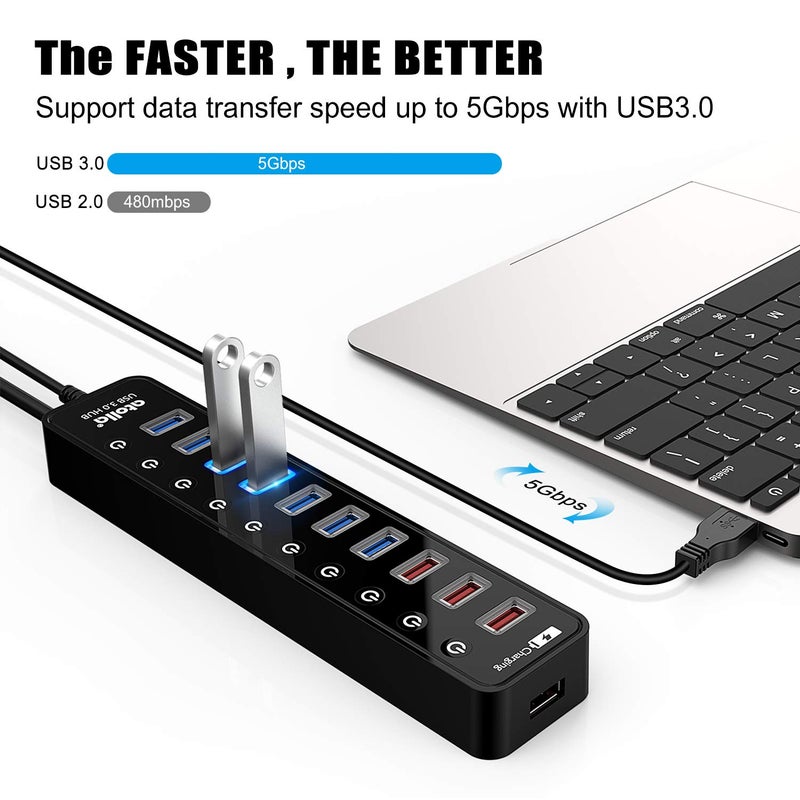 atolla Powered USB 3.0 Hub, Atolla USB 3.0 Data Hub 11 Ports - 7 USB 3.0 Data Ports + 4 Smart Charging Port with Individual On/Off Switches and 12V/4A Power Adapter USB Hub 3.0 Splitter - Image 2