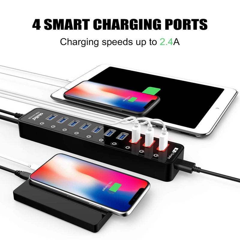 atolla Powered USB 3.0 Hub, Atolla USB 3.0 Data Hub 11 Ports - 7 USB 3.0 Data Ports + 4 Smart Charging Port with Individual On/Off Switches and 12V/4A Power Adapter USB Hub 3.0 Splitter - Image 3