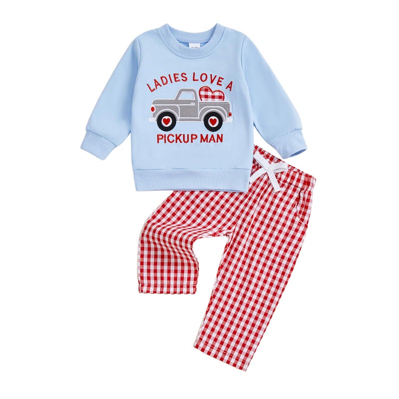 JLKGICF Toddler Boy Valentines Day Outfit Truck Heart Print Sweatshirt Plaid Pants Set Baby Girl Boy Love Clothes (Blue Truck Heart, 3-4T) - Image 1