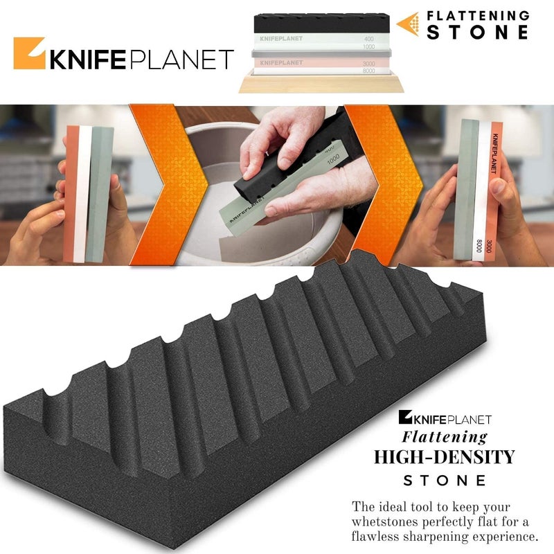 KNIFEPLANET مجموعة حجر شحذ السكاكين الفاخرة – 400/1000 و 3000/8000 حبيبة، مجموعة شحذ سكاكين احترافية وآمنة – مجموعة حجر الشحذ تشمل حجر التسوية، قاعدة من الخيزران، و 2 قاعدة مطاطية غير قابلة للانزلاق باللون تان - Image 5