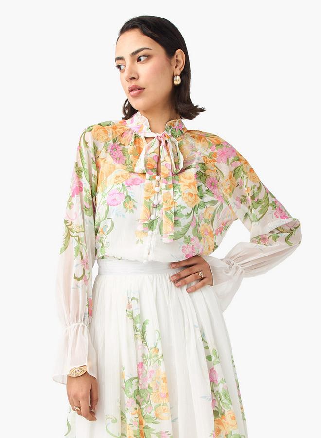 2Xtremz Floral Print Top with Pussy Bow Neck and Poet Sleeves - Image 1