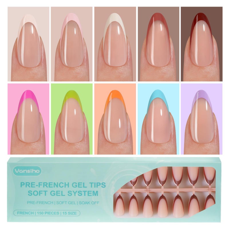 VANSIHO 300Pcs French Gel Nail Tips Almond, Vansiho Medium Nail Tips, Pre-French Tips Press on Nails, Acrylic Fake Nails for Nail Art DIY 15 Sizes - Image 1