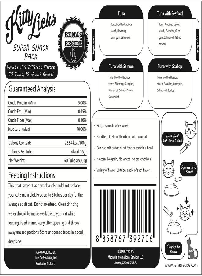 Rena's Recipe Kitty Licks Tuna Barrel (60 Tubes) 4 Flavors X 15 Tubes Cat Treats to Lick - Image 3