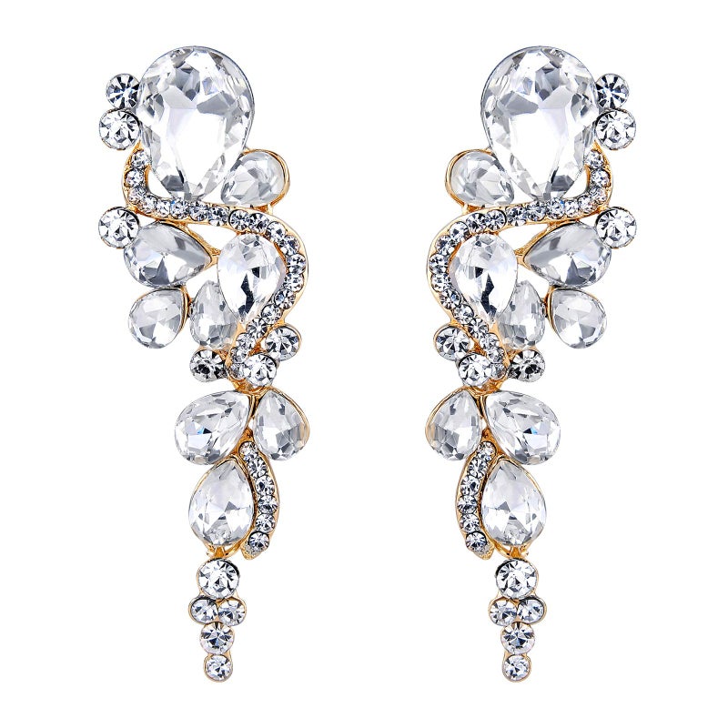 BriLove Women's Wedding Bridal Dangle Earrings Bohemian Boho Crystal Multiple Teardrop Chandelier Long Jewelry Clear Gold-Plated-Base - Image 1