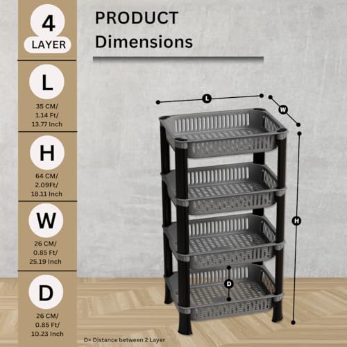 Biltoxi Multipurpose Plastic Kitchen Rack with Baskets | Vegetable & Fruit Storage Stand | Strong & Durable Organizer for Kitchen, Bathroom & Utility (4 Layer, Silver) - Image 2