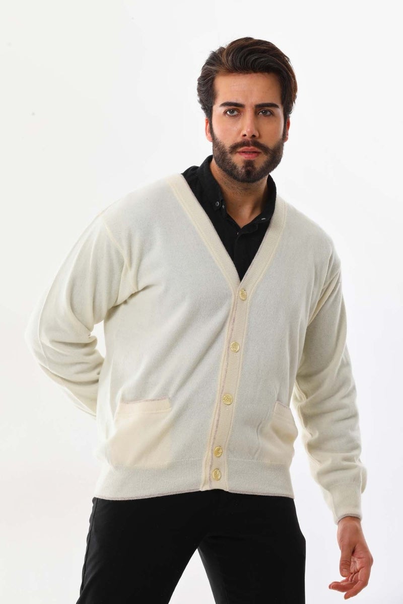 Sanfa Men's V Neck Pure Wool Cardigan 2634 Cream  - Image 3