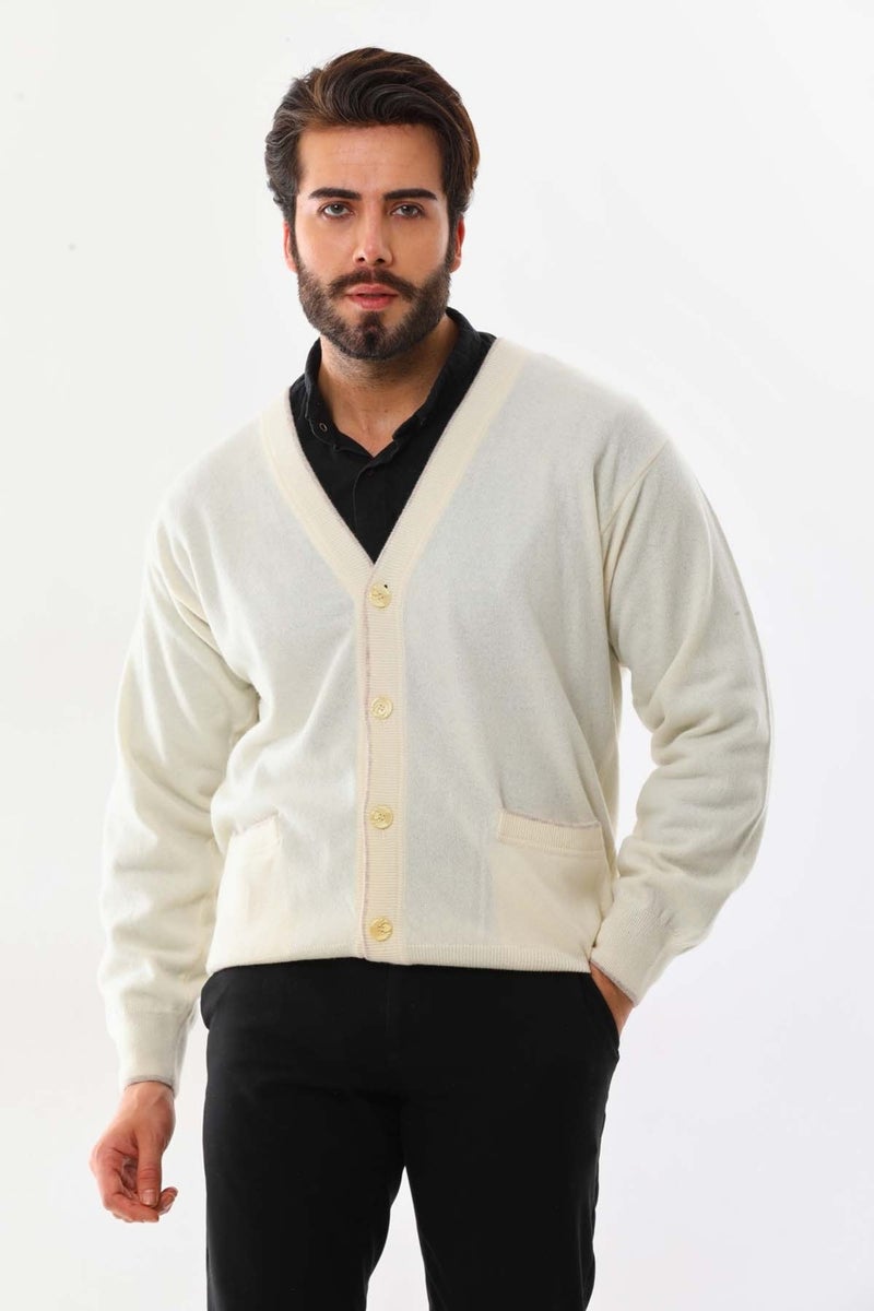 Sanfa Men's V Neck Pure Wool Cardigan 2634 Cream  - Image 1