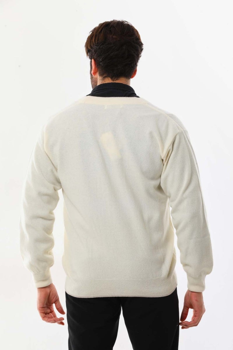 Sanfa Men's V Neck Pure Wool Cardigan 2634 Cream  - Image 4