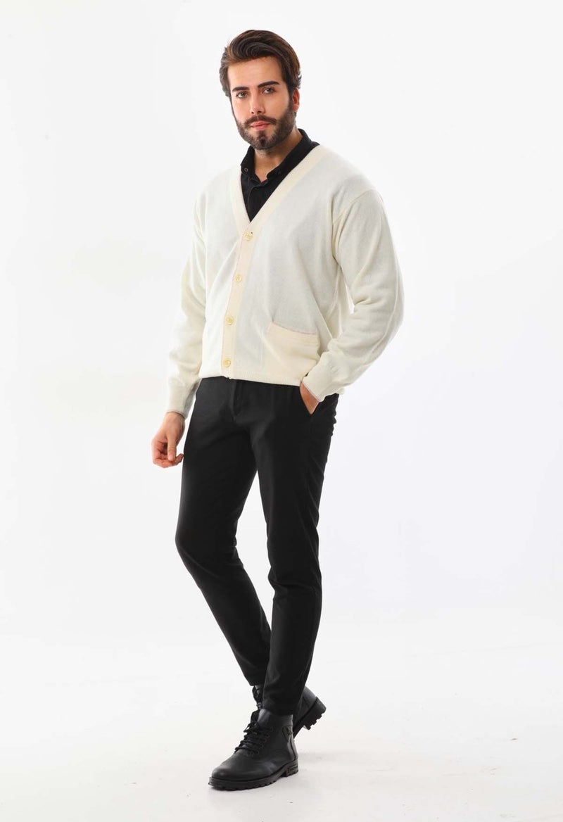 Sanfa Men's V Neck Pure Wool Cardigan 2634 Cream  - Image 2