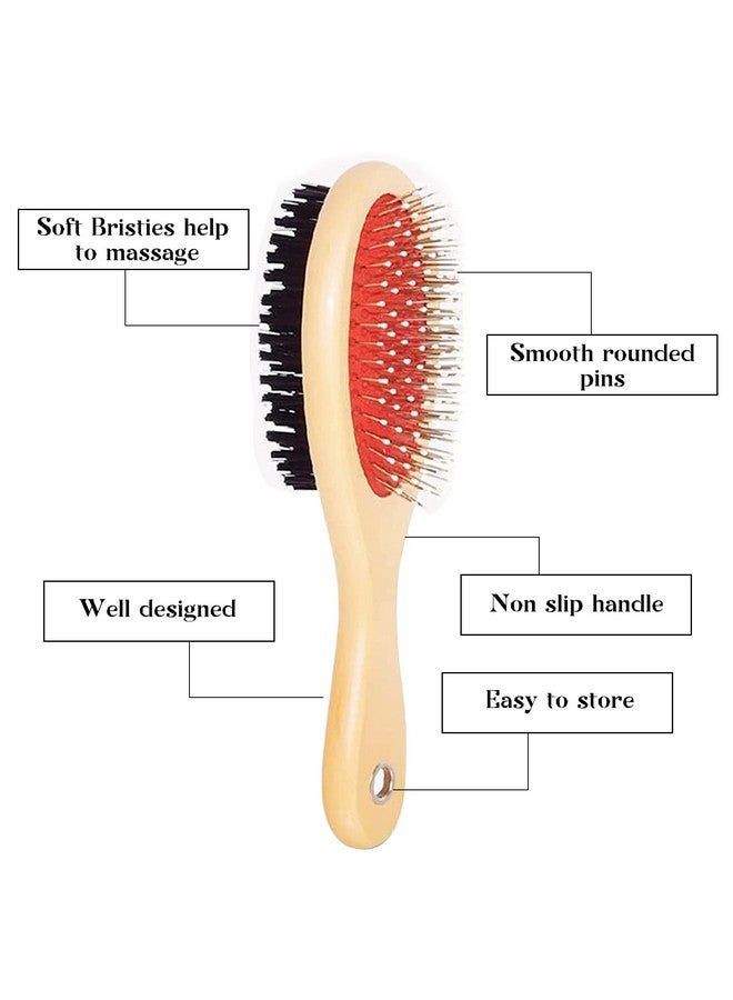 فرشاة شعر دائرية مزدوجة الجوانب 2 في 1 ذات شعيرات صلبة ومقبض خشبي للشعر الطويل والقصير فرشاة مثالية للعناية بالشعر المتساقط للكلاب والجراء (كبيرة) - فرشاة دبوسية - Image 4