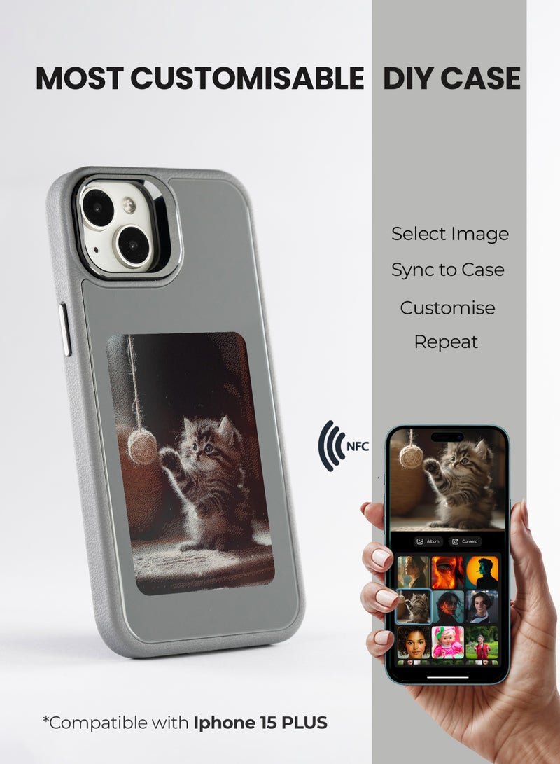 AI Vista iPhone 15 Plus – Grey Smart Case with NFC, E-Ink Back Display, DIY Image - Image 1