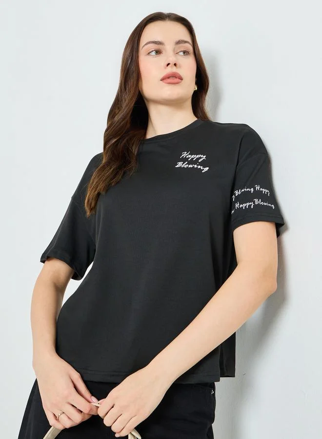 Styli Black Slogan Print Regular Fit T-Shirt