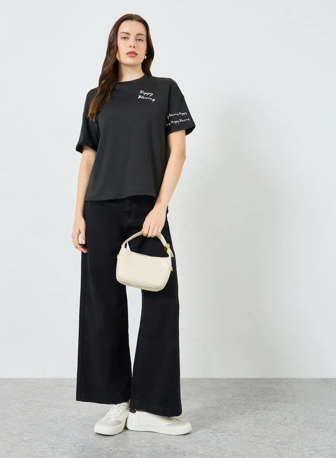 Styli Black Slogan Print Regular Fit T-Shirt