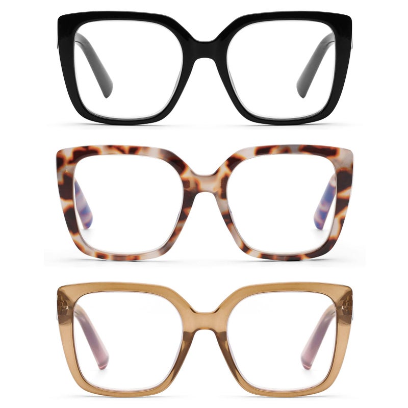 DOOViC 3 Pack Oversized Reading Glasses for Women Blue Light Blocking Square Stylish Computer Readers 175 Strength