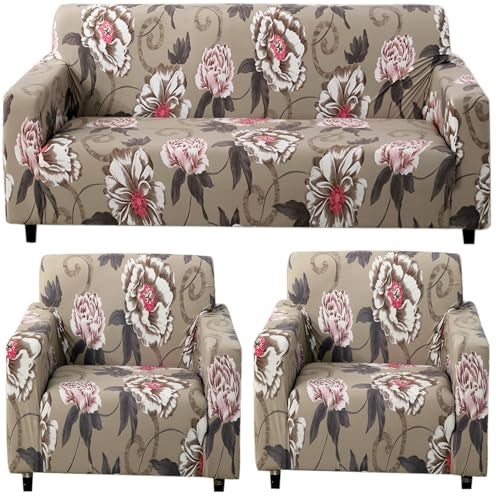 HOKIPO Polyester Blend Printed 5 Seater Fully Covered Sofa Cover in 3 Seater and 2 Seater Configuration, Gentle Grey Dahlia (AR-5128-D5 + AR-5129-D5) - Image 1