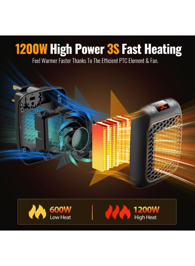 سخان كهربائي، سخانات مروحة 1200 وات للمنزل، وضعين لسخانات سيراميك PTC، مؤقت 1-12 ساعة، حماية من الحرارة الزائدة مع جهاز تحكم عن بعد، سخان كهربائي موفر للطاقة، قابس BS لغرفة النوم والمكتب والمطبخ والحمام - Image 2