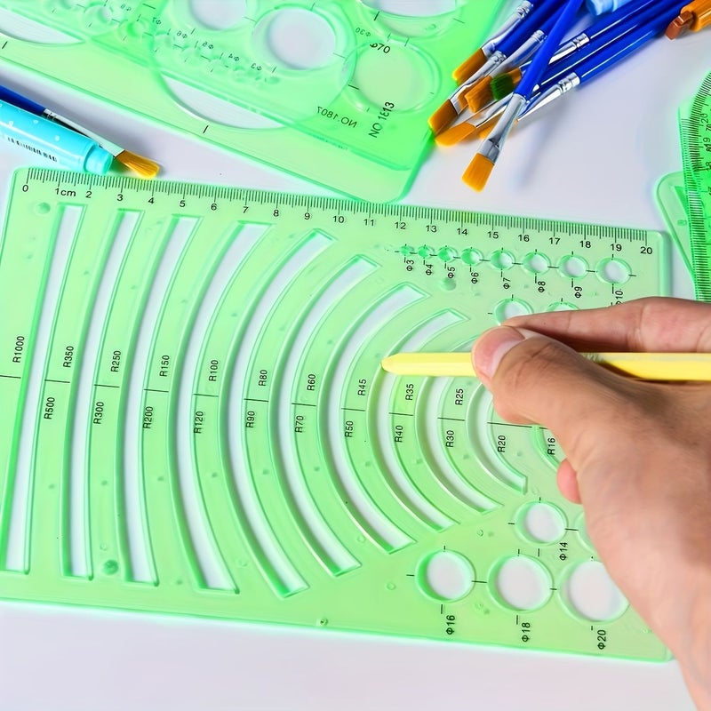 مجموعة قوالب الرسم الخضراء مكونة من 7 قطع، مسطرة هندسية دائرية للاستخدام المكتبي والدراسة والتصميم. - Image 4