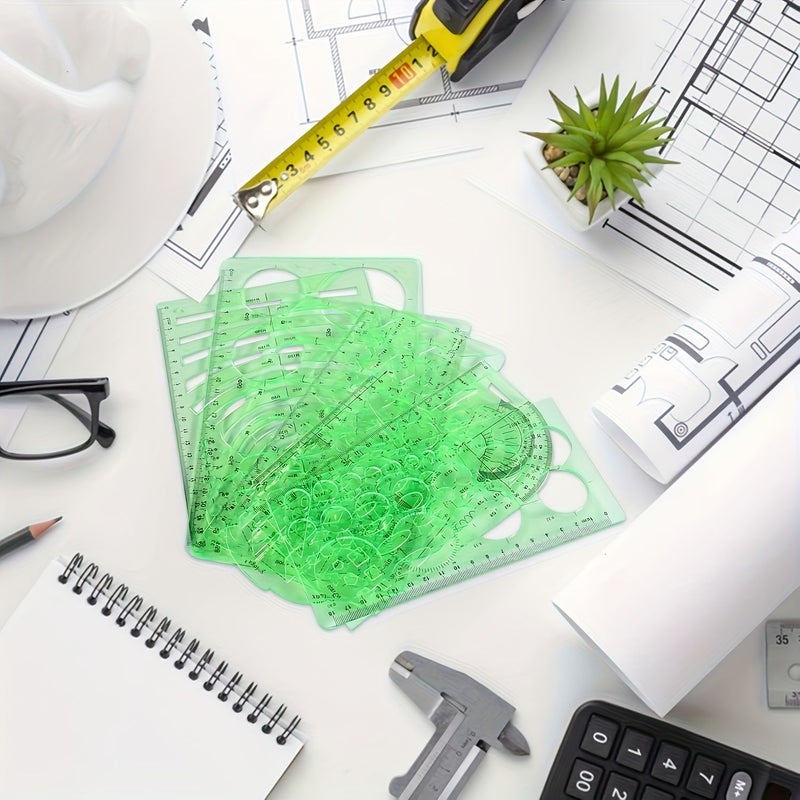 مجموعة قوالب الرسم الخضراء مكونة من 7 قطع، مسطرة هندسية دائرية للاستخدام المكتبي والدراسة والتصميم. - Image 5